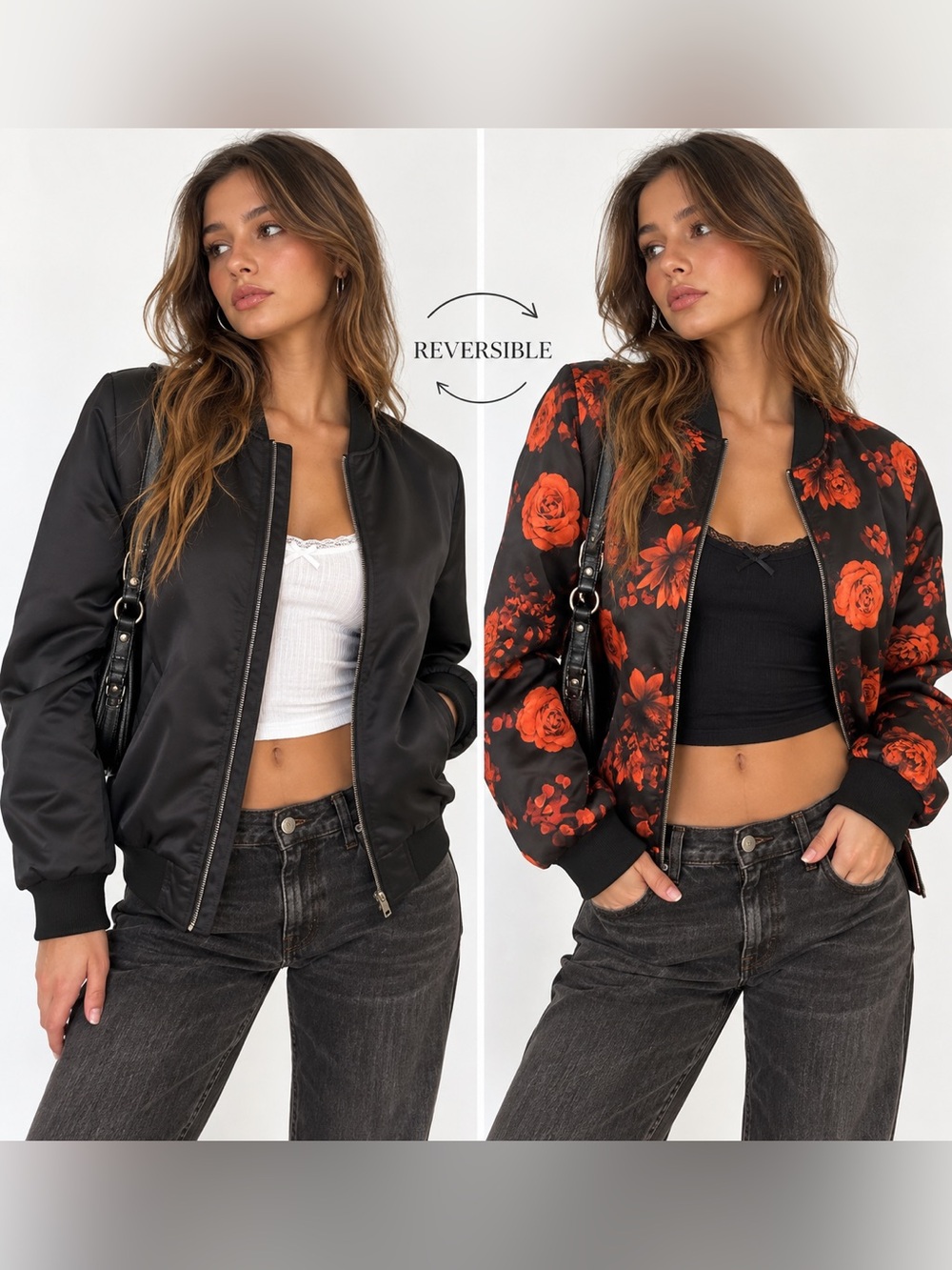 Grunge Guess Reversible Satin Black & Red Floral Bomber Jacket